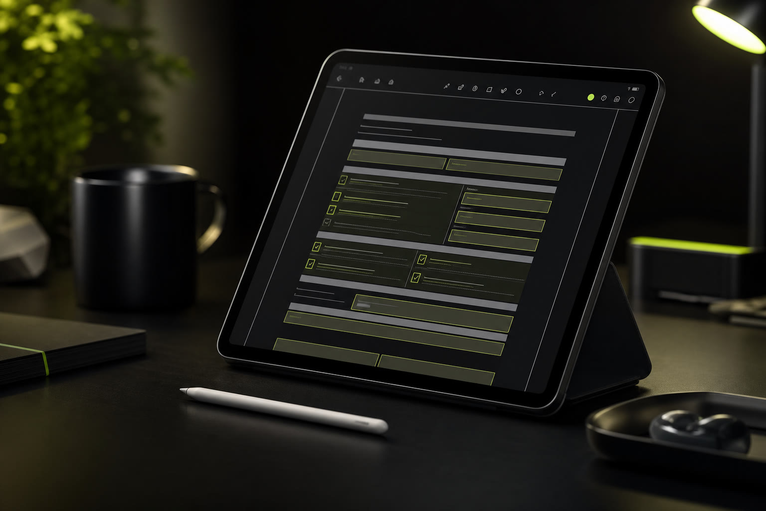 Tablet device on dark desk showing PDF form fill