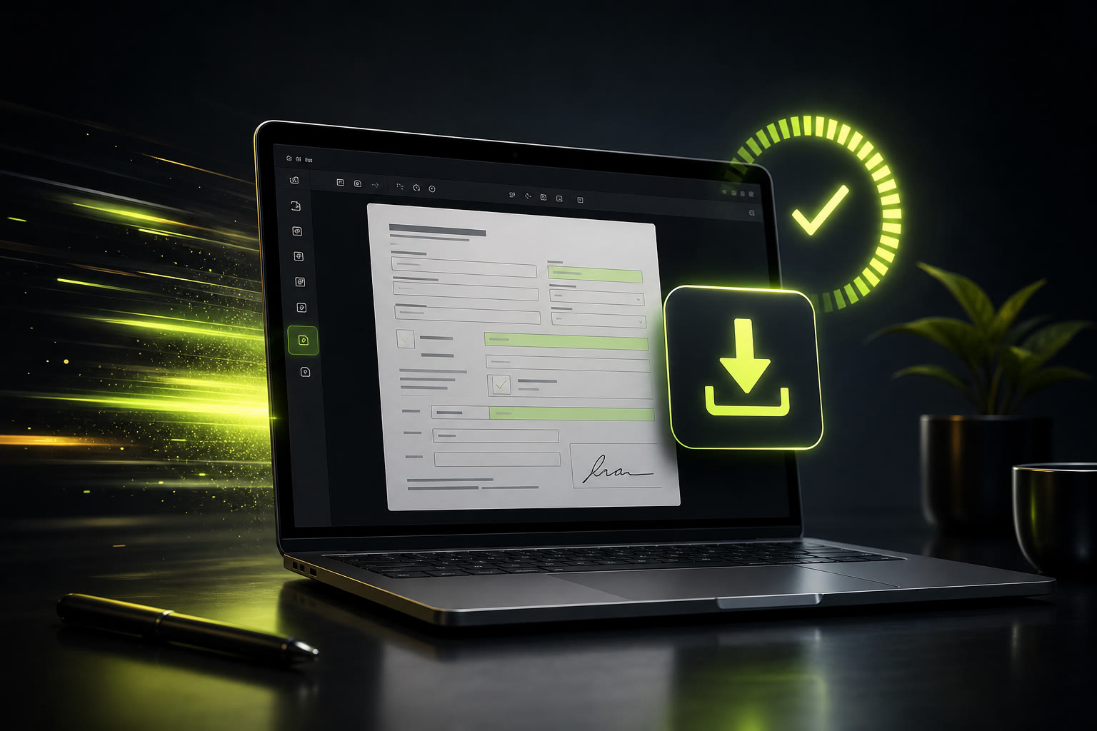 Laptop with save/download icon overlaying a PDF form