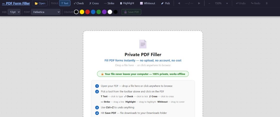 PDF Form Filler app showing the private browser-based PDF editor toolbar and upload screen